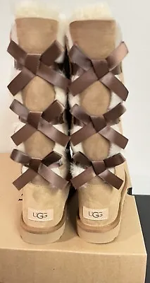 NEW UGG Boots Bailey Bow II Tall Chestnut Womens Size 8 Sheepskin Triplet Tan • $164.57