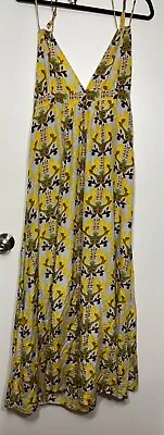 T Bags Los Angeles Floral Yellow Gray V Neck Halter Silk Blend Maxi Dress Large • $50