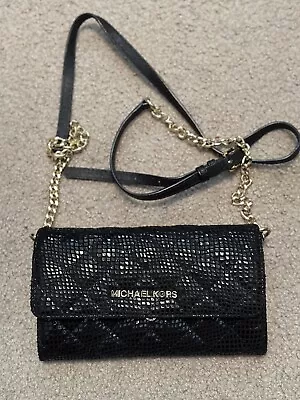 Michael Kors Crossbody Wallet Bag Quilted Accents Shimmer Leather Black  • $19.50