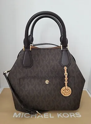 NEW Michael Kors Greenwich Large MK Logo Grab Bag Satchel Handbag Brown • $119