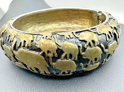 Vintage Elephant Clamper Bracelet Bangle Antiqued Brass Look Enamel • $15