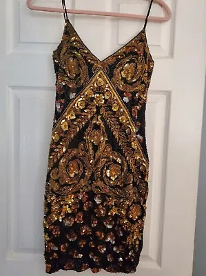 Naeem Khan Vintage Beaded Sequinned Black & Gold Silk Party Dress 1980s • $175