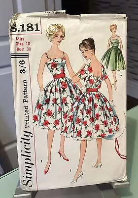 VINTAGE 1960s SIMPLICITY MISSES' DRESS IN 3 STYLES SEWING PATTERN S.181 38” BUST • £6