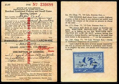 1948 Colorado Fishing & Small Game Hunting License Permit With RW15 Duck Stamp • $8.95