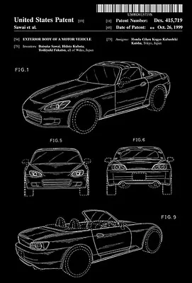 1999 - Honda S2000 Design - Motor Vehicle - D. Sawai - Patent Art Poster • $9.99