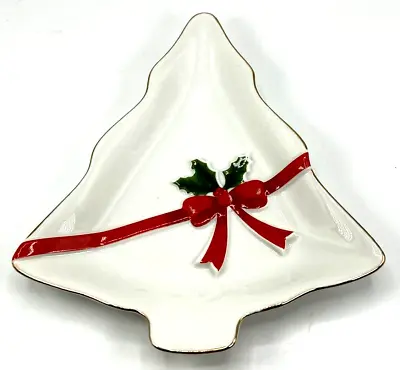 Mount Clemens Pottery Christmas Tree Shape Red Ribbon Green Holly Leaf Dish • $9.90