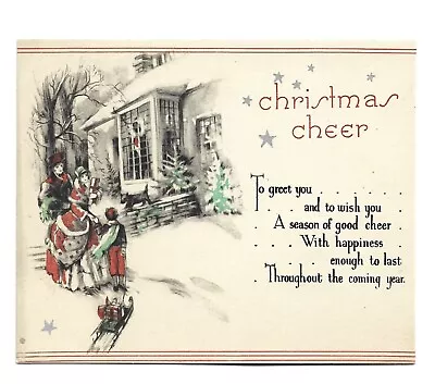 Vtg Christmas Card Victorian Couple W/Gifts Meet Boy W/ Gift On Sled Dog 1936 • $3.99