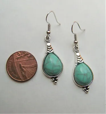 £3.95 • Buy Turquoise Boho Bohemian Silver Dangle Drop Teardrop Earrings Hook Bnip