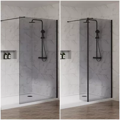 Black Walk In Shower Enclosure Wet Room Screen Flipper Panel Cubicle Grey Glass • £70.95