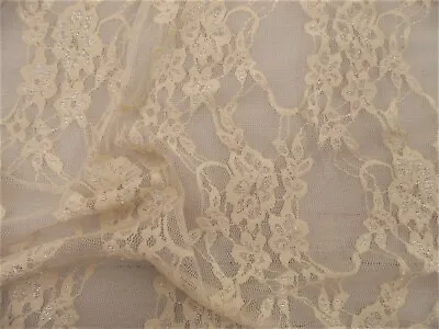 Stretch Mesh Lace Fabric Dark Ivory Floral Sheer Metallic Sheen A207 • $34.99