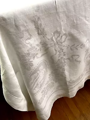 Putti - Vintage Linen Damask Banquet Tablecloth UU374 • $95