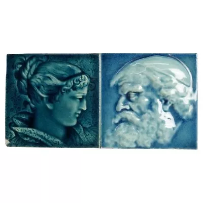 Pair Antique Figural Pottery Art Tiles By Trent Tile And J & JG Art Tile C1890 • $280