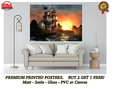 £8.55 • Buy Pirate Ship Galleon Sunset Sea Large Poster Art Print Gift A0 A1 A2 A3 A4 Maxi