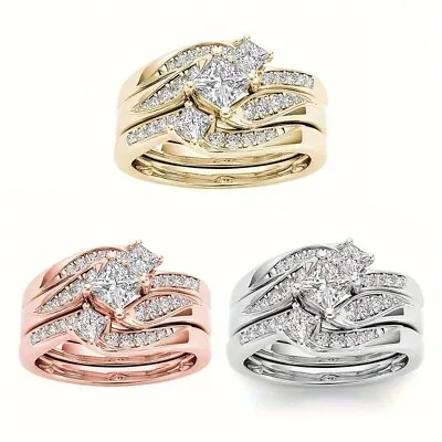 3Pcs Chunky Band Ring Set Inlaid Shiny Zircon Elegant Copper Finger Jewelry Gift • $2.34