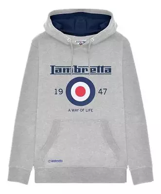 Lambretta Mens Grey Logo Classic Pull Over Sweatshirt Hooded Hoodie • £25.99