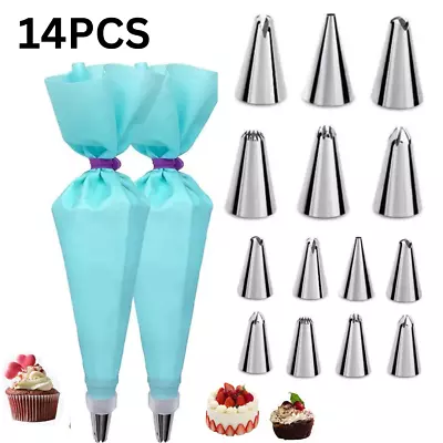 14Pcs Silicone Bags Icing Piping Cream Pastry Cake Decorating Steel Nozzles Set • £4.69