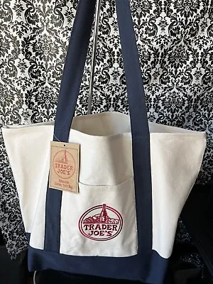 $14.95 • Buy New TRADER JOE'S  Reusable Logo Canvas Eco Shopping Bag Tote Blue White 