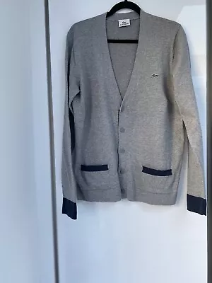 Gents Lacoste Long Sleeve Button Front Cardigan Size 3 Grey/Navy Trim Pockets • £10