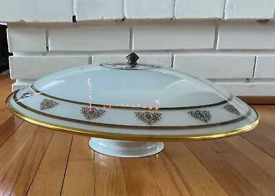 MCM 15  Gold & White Ornate Design Glass Saucer Ceiling Light Fixture • $35