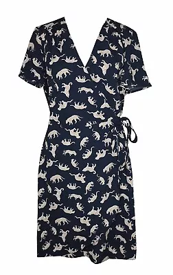 J CREW 8 Wrap Dress Navy Blue Cheetah Leopard Print Cat Short Sleeve V Neck EUC • $21.24