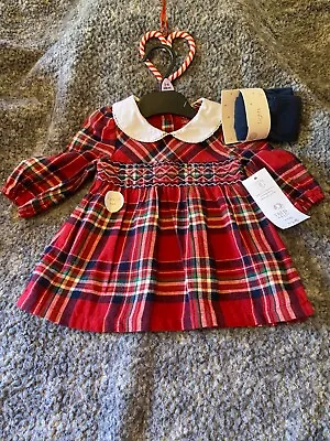 Baby Girls 3-6 Months Outfit Red Tartan Dress Set With Tights F&F BNWT • £7.95