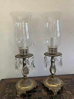 2 Vintage Brass With Hanging Chandelier Crystal Prisms Hurricane Table Lamps 13” • $65