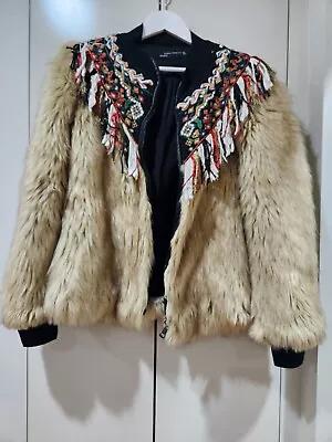 Zara Woman Faux Fur Embellished Emboidered Jacket Sz Large  • $99