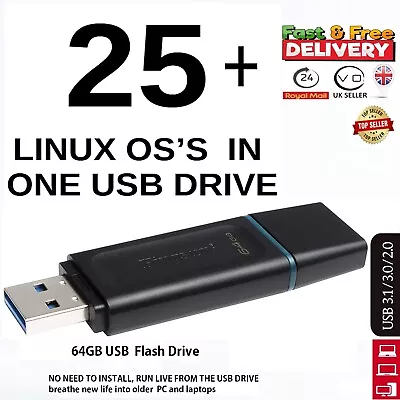 25+ Linux OS In  64GB USB Drive Live RUN / INSTALL Ubuntu Mint Kali Tails LOTS • £12.99