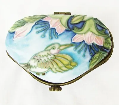 Benaya Heart Shaped Trinket Box Hummingbird Flowers Blues & Pinks Signed Li '09 • $12