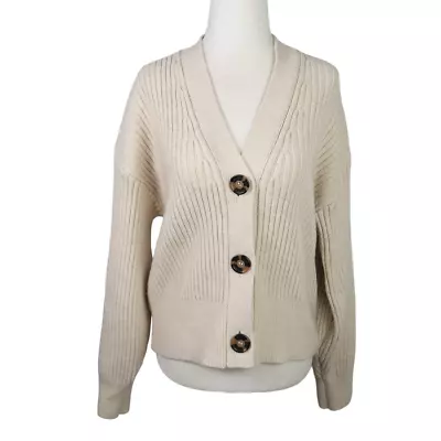 H&M Cream Ribbed Knit Button Front Cardigan Sweater S • $25