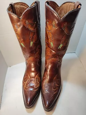 Vintage TEXAS  Stitched & Painted Pheasants Western Boots Made In USA  101/2 D • $52
