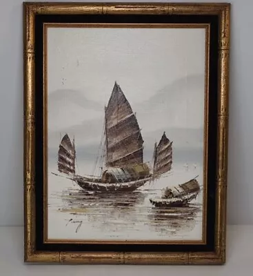 P. Wong Oil On Canvas Junk Fishing Boats In Water Chinese.  • $90