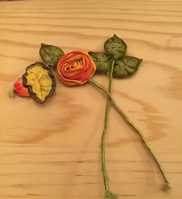 Silk Ribbon Cabbage Rose Appliqué Variegated Orange/ 5”x 2”length/Antique  • $30