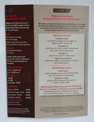 $4.87 • Buy CROSS COUNTRY TRAINS MENU First Class Restaurant Car Dining Railway Buffet Food
