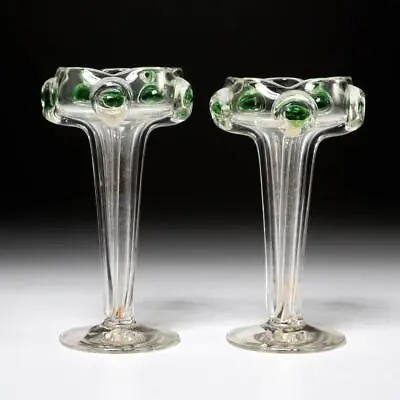 $70 • Buy Murano Handblown Green Clear Glass Trumpet Italy Bud Vases 2pc Lot Pair 5.5 H