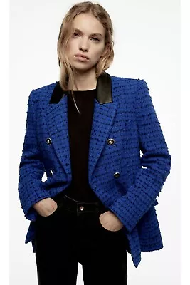 $79 • Buy ZARA WOMEN New Combination Faux Leather Textured Blazer SZ XS BLUE 2128/242