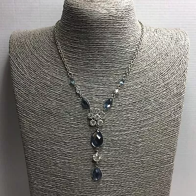 Vintage Silver Tone Glass Rhinestone Floral Clear Blue Y Drop Necklace 90s 00s • £12.99