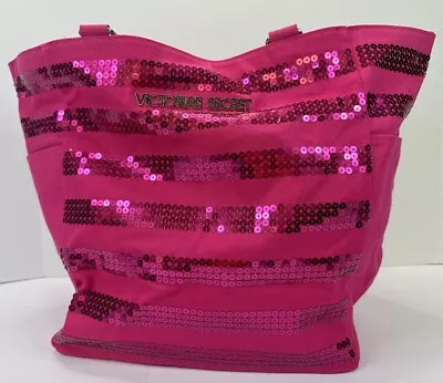 Victoria's Secret Hot Pink Sequin Striped Beach/Overnight Bag Side Pockets NWOT • $19.99