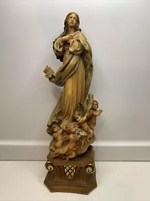 Vintage 13  Anri Carved Wood Our Lady Mary Madonna Assumption By Murillo Statue • $199