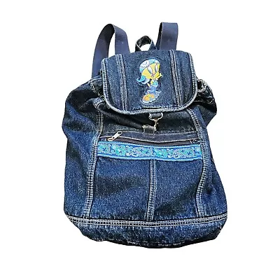 Vtg Tweety Bird Denim Backpack Purse Embroidered Y2K Boho Hippie Looney Tunes • $34.93