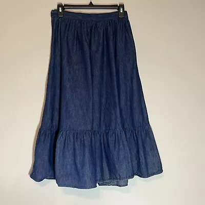 Vintage 80's Prairie Cottagecore Midi Ruffled Denim Women's Skirt Peasant Pocket • $15.99