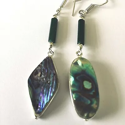 HANDCRAFTED MULTI-SHAPE ABALONE STONE W/GREEN LONG STEM SILVER PIERCED EARRINGS • $10