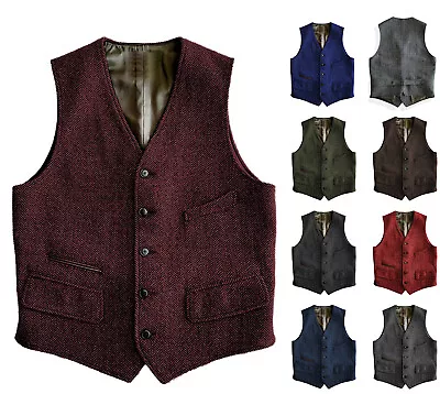 Mens Tweed Waistcoat Vest Herringbone Vintage Cowboy Wedding Vest Large XL XXL • $29.68