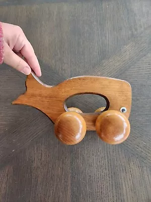 Vintage Wooden Whale Pusher Toy Rolling Wheels Googly Eyes Massager • $15.95