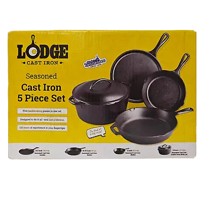 New Lodge Cast Iron Seasoned 5-Piece Set With Skillet Griddle & Dutch Oven • $84.15