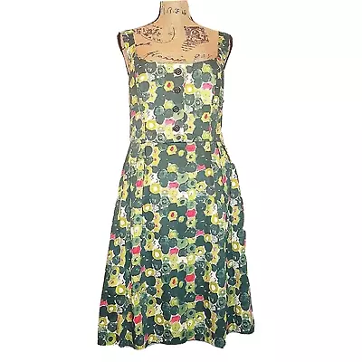 Vintage Milly Of New York Cotton Green Circles Fit & Flare Retro Sundress SZ 12 • $39.98