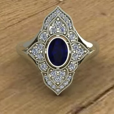 3CT Oval Lab Created Blue Sapphire 14K White Gold Plated Vintage Engagement Ring • $92.36