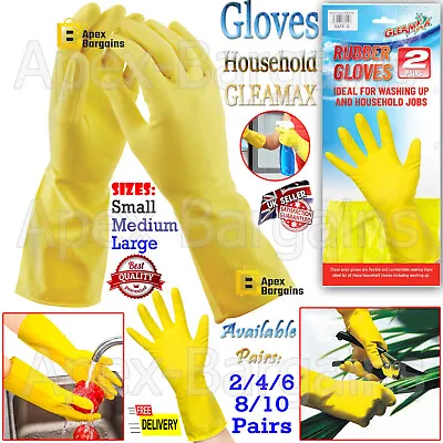 2/10 Pairs Rubber Gloves S/M/L Long Sleeve Household Washing Up Kitchen Cleaning • £3.49