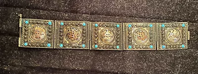 Vintage 1940s Silver Panel Link Bracelet With Turquoise Gemstones 900 Silver • $99.99