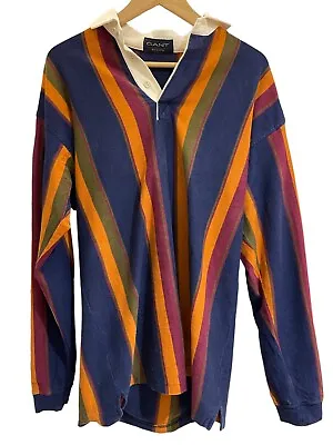£50 • Buy GANT Rugger Medium Mod Vintage Retro Long Sleeve Striped Orange Blue Rugby Shirt
